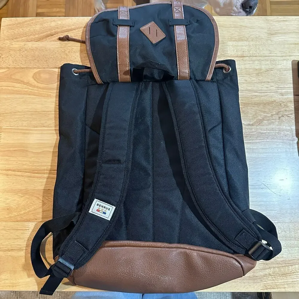 BENRUS Drawstring Backpack Black Brown Faux Leather Trim Vintage Military EUC